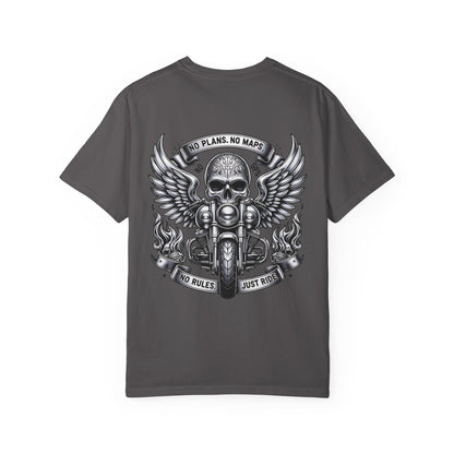 Rebellious Motorcycle Graphic Tee, Unisex Biker Shirt, Skull Design Apparel, Vintage Style T-Shirt, Gift for Riders, Casual Summer Wear