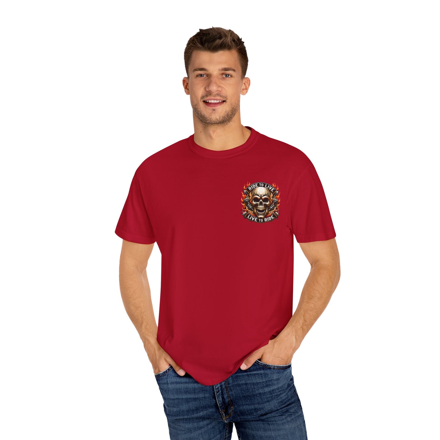Biker Graphic Tee with Skull Design, Perfect for Motorcycle Lovers, Casual Everyday Wear, Gift for Riders, Halloween & Bikers Events