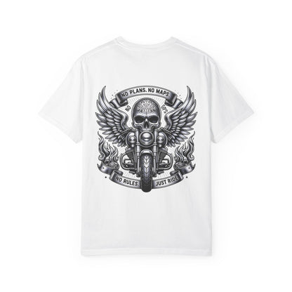Rebellious Motorcycle Graphic Tee, Unisex Biker Shirt, Skull Design Apparel, Vintage Style T-Shirt, Gift for Riders, Casual Summer Wear