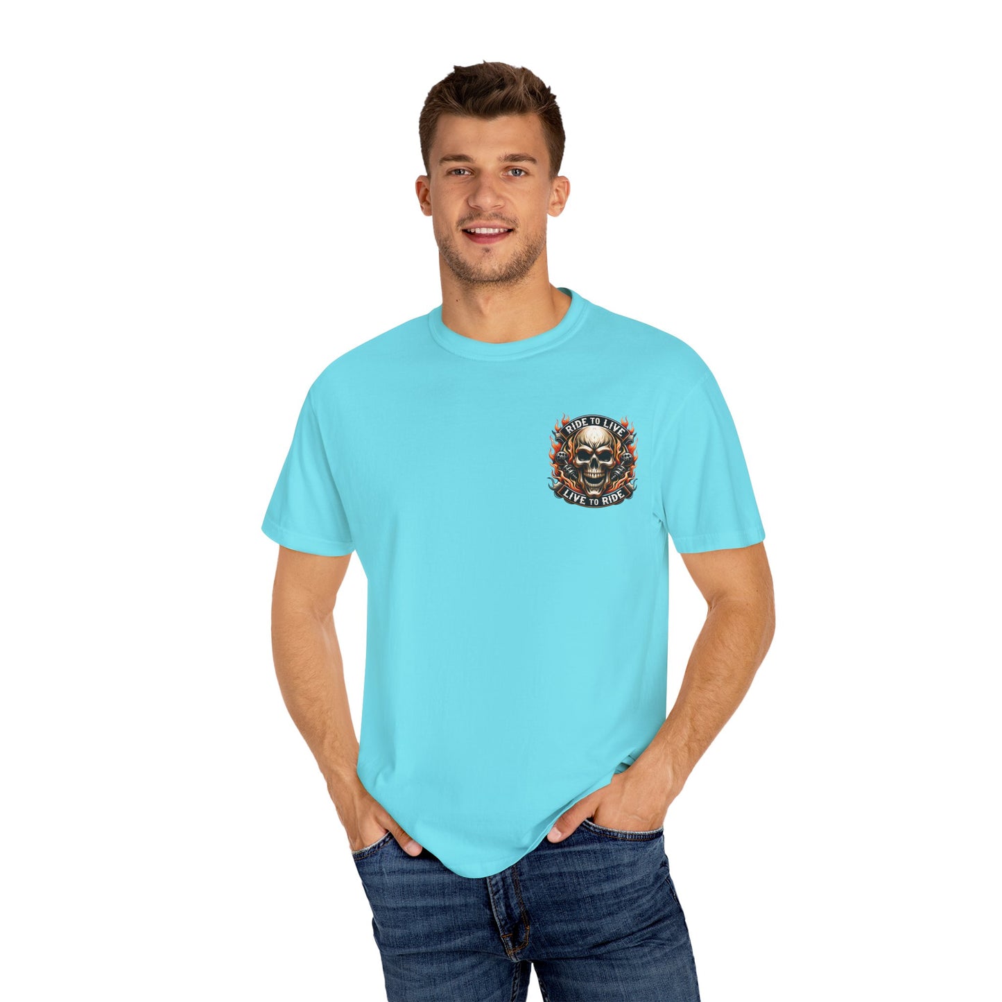 Biker Graphic Tee with Skull Design, Perfect for Motorcycle Lovers, Casual Everyday Wear, Gift for Riders, Halloween & Bikers Events